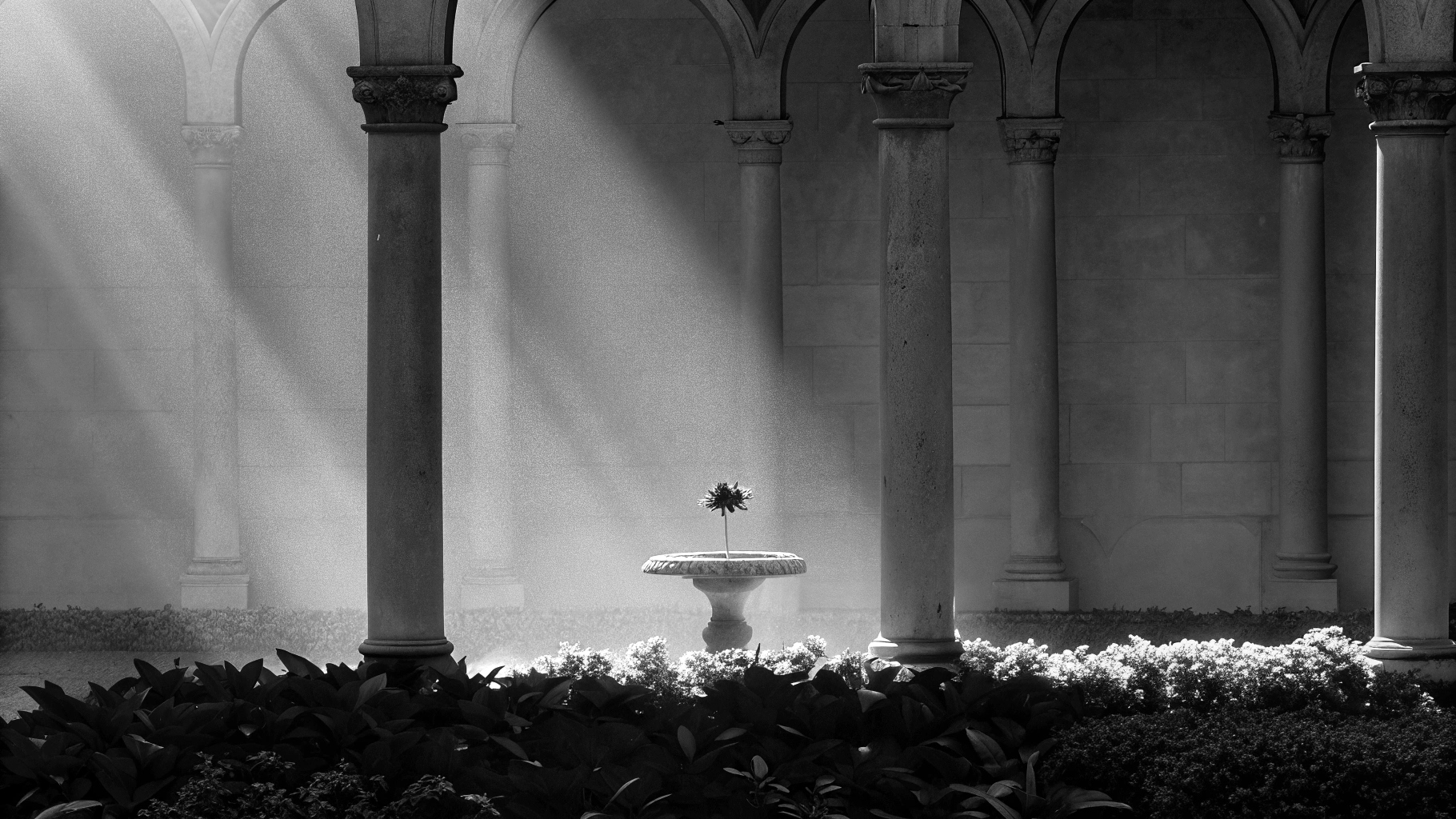 A majestic black tiger with blue eyes walking through a grand marble hall.