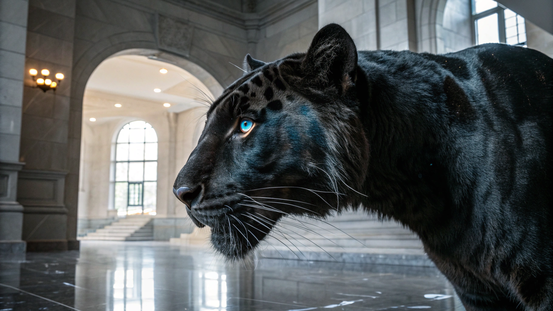 A majestic black tiger with blue eyes walking through a grand marble hall.